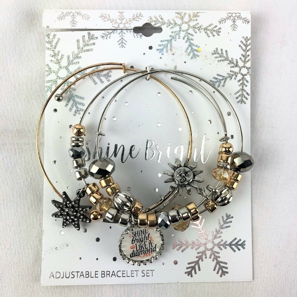 Shine Bright Triple Charm Bracelets Duel-tone Bangle with Beads